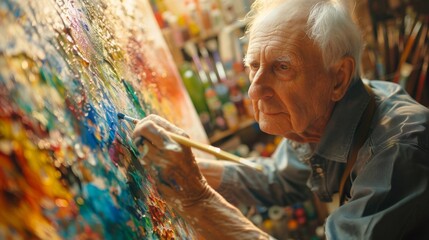 Elderly artist paints a portrait with watercolors on canvas at art event