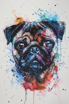 A painting of a pug dog on a white background. Suitable for pet-themed designs