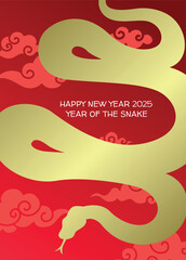 Snake silhouette shape new year 2025 greeting card. Golden zodiac snake on red background with auspicious clouds.