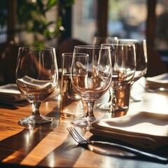 b'Elegant restaurant table setting with wine glasses and sunlight'