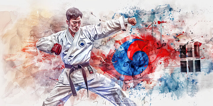 The South Korean Flag with a Taekwondo Master and a Kimchi Maker - Imagine the South Korean flag with a Taekwondo master representing Korean martial arts and a kimchi maker symbolizing Korean cuisine