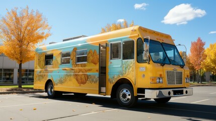 b'A colorful bus is parked in a parking lot.'