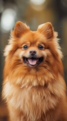 b'A happy Pomeranian dog with a fluffy orange coat is sitting in the woods and smiling at the camera'