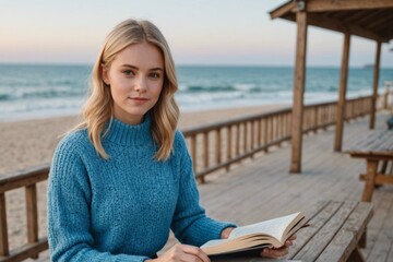 Young blonde female in warm blue sweater and skirt looking at camera while sitting on wooden bench in terrace against blurred beach and reading book - Powered by Adobe