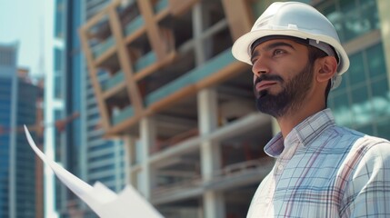 Engineer with a hard hat holding blueprint at a construction site