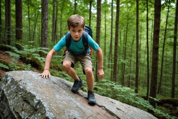 boy climbing a rock next to the trail during hike in the forest