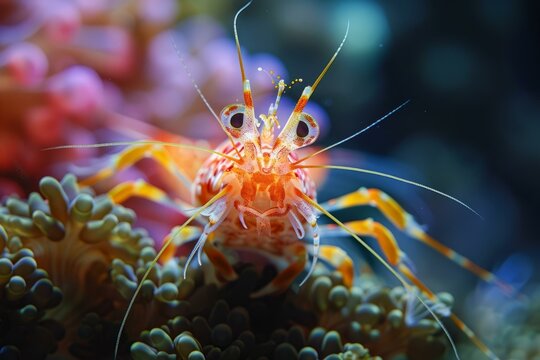 b'A Colorful Shrimp Perched on a Coral Reef'