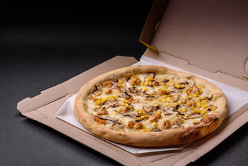 Delicious pizza with corn, cheese, tomatoes and mushrooms, salt, spices and herbs