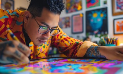 Artist painting a picture at table indoors for leisure and fun, wearing glasses