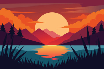 Dramatic sunset at lake with grass and mountains vector