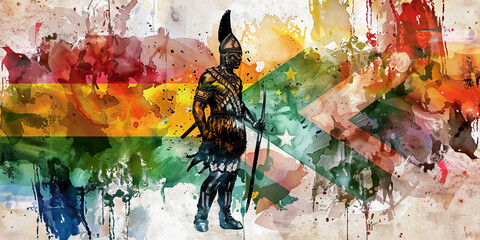 The South African Flag with a Zulu Warrior and a Winemaker - Imagine the South African flag with a Zulu warrior representing the country's rich Zulu heritage and a winemaker symbolizing South Africa's