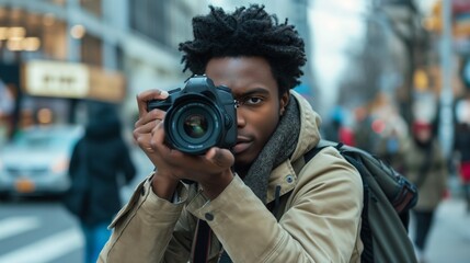 Man capturing city street scene with digital camera