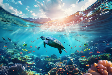 Underwater scene with gracefully swimming sea turtle and  fishes, showcasing biodiversity