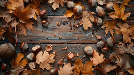 Pile of Leaves and Acorns on Wooden Surface