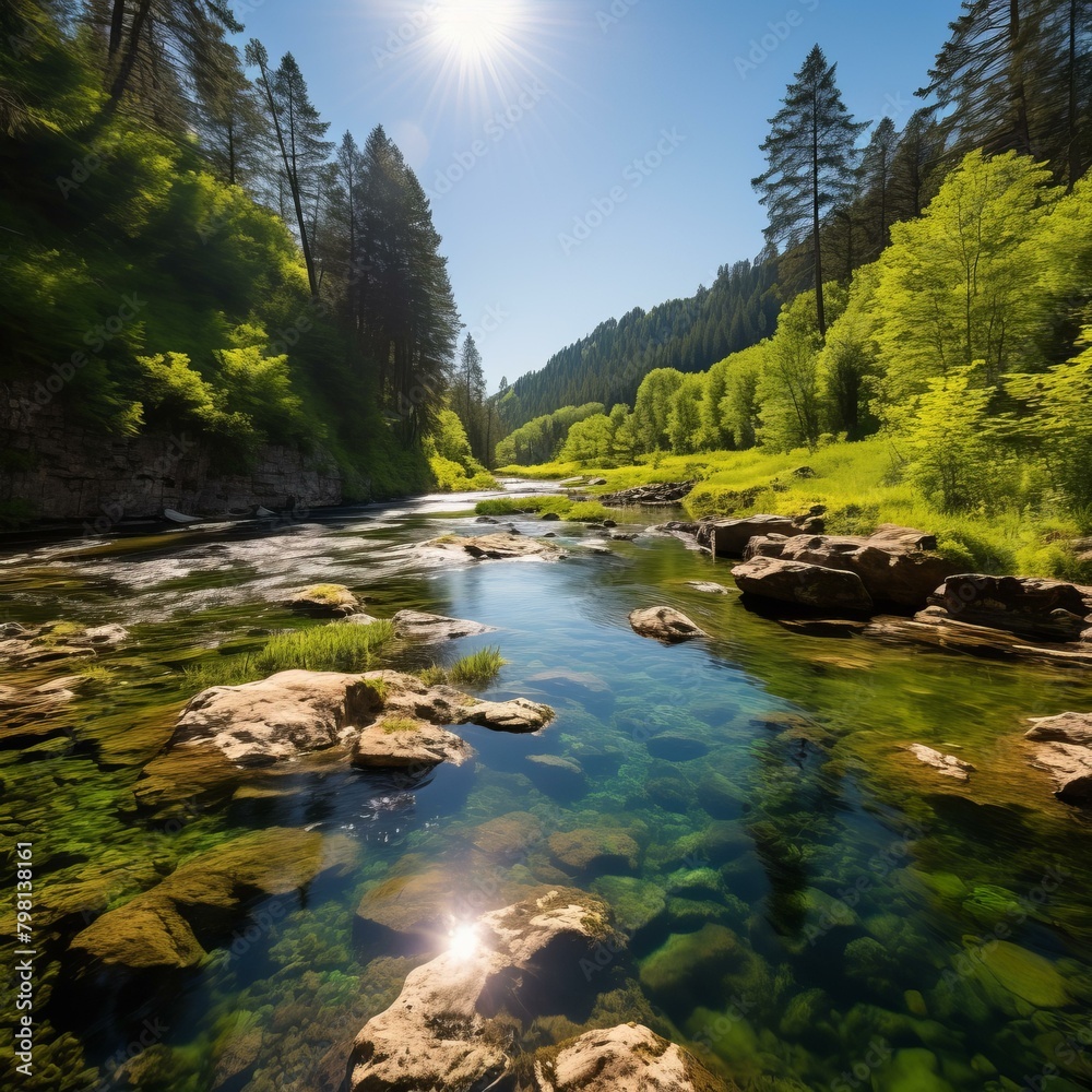 Sticker b'A beautiful landscape image of a river flowing through a forest'