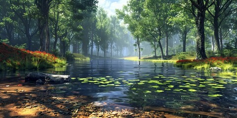 Tranquil Forest Lake Scenery with Vivid Red Flowers and Green Trees