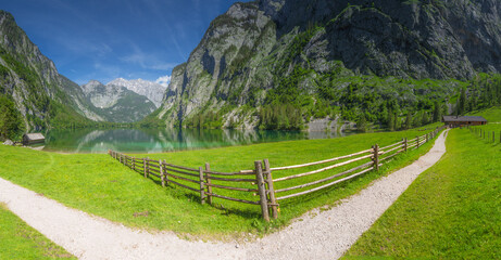 Fototapeta na wymiar Mountain valley with tracks near Obersee lake in Berchtesgaden National Park