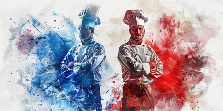 The French Flag with a Chef and a Fashion Designer - Picture the French flag with a chef representing France's culinary excellence and a fashion designer symbolizing the country's influence in the fas