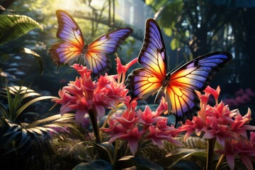 b'Two fantasy butterflies in a magical garden'