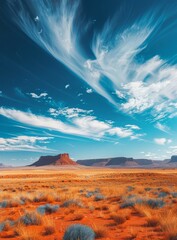 b'Arid Desert Landscape with Rock Formations under a Blue Sky'