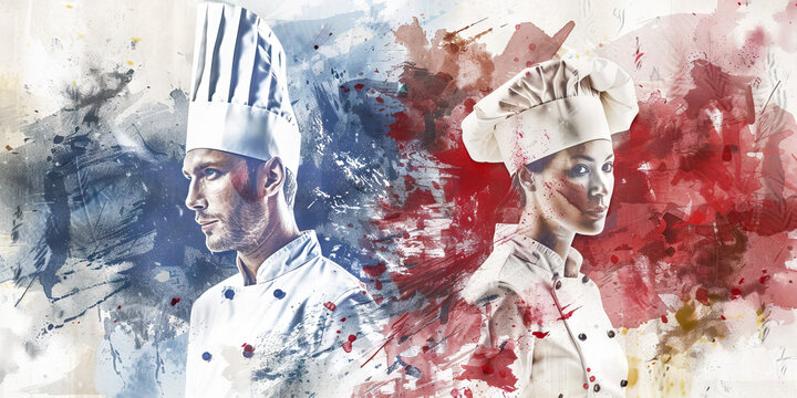 The French Flag with a Chef and a Fashion Designer - Picture the French flag with a chef representing France's culinary excellence and a fashion designer symbolizing the country's influence in the fas