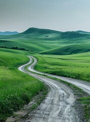 b'Countryside dirt road through green rolling hills'
