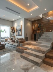 b'Modern minimalist living room interior design marble stairs and wood'