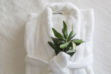 White cotton bathrobe with olive tree twig on the bed  in hotel room. Tourism, hotels, hospitality...
