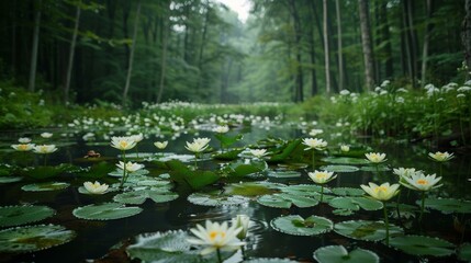 Serene Water Lilies on a Tranquil Pond in a Lush Forest
