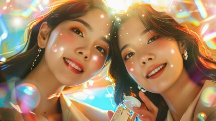 Obraz premium Two beautiful Asian women with brown hair holding a bottle of pills