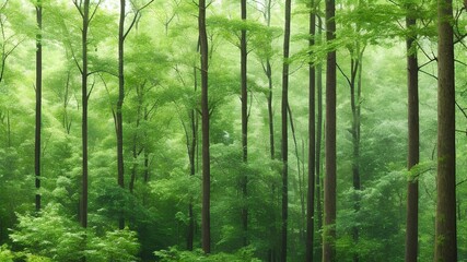 Morning in a green forest full of trees full of beauty. AI Generated