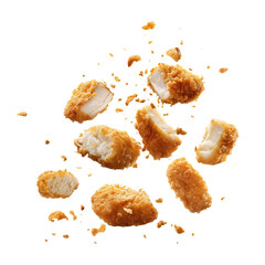 Fried Chicken Pieces Suspended in Air on Transparent Background