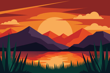 Dramatic sunset at lake with grass and mountains vector
