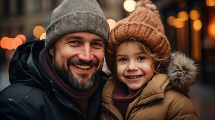 b'Happy father and daughter in winter clothes'