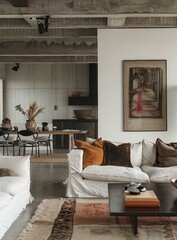 b'Modern industrial living room with white walls and concrete ceiling'