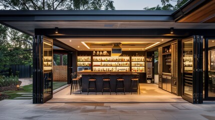 Open-air luxury home bar with black stools and illuminated shelving. Modern outdoor entertainment space design.