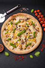 Delicious pizza with corn, cheese, tomatoes and mushrooms, salt, spices and herbs