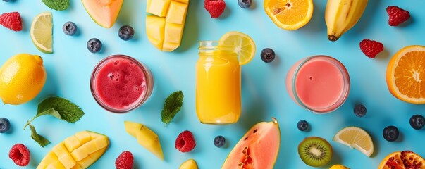 Various fresh fruit juices and smoothies with ingredients on a blue background. Top view composition with place for text.