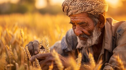 A man with a beard smiles in a wheat field, blending into the natural landscape