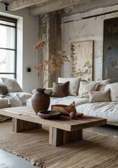 b'Airy and bright living room with a neutral color palette and a mix of textures'