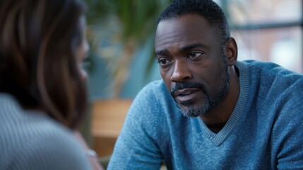 a man in a blue sweater is sitting at a table talking to a woman