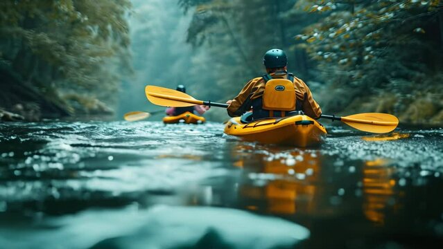 Image of people kayaking down river representing outdoor team adventures. Concept Outdoor Adventure, Team Building, Kayaking, River Excursions, Group Activities