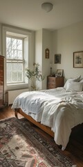 b'A bedroom with a large bed, a dresser, and a rug on the floor'