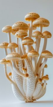b'A cluster of mushrooms with a white background'
