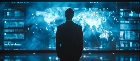 Silhouette of a man in a suit standing before a massive digital world map, symbolizing a powerful mastermind concept operating behind the global political scenes in the shadows