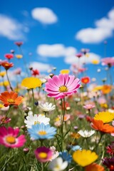 b'Field of colorful flowers under blue sky'