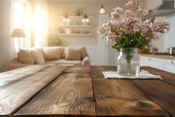 b'An empty wooden table with a vase of flowers in the background'