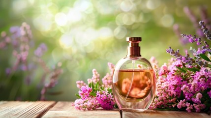 Perfume bottle surrounded by fresh lavender and pink flowers on a wooden table with bokeh background.