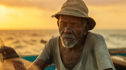 Elderly man in sun hat sits in boat at sunset, happy among clouds on beach