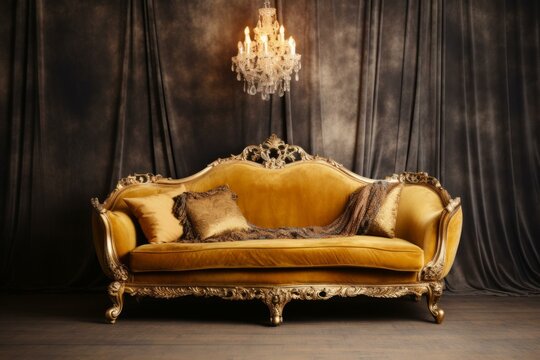b'ornate golden rococo style sofa with crystal chandelier'